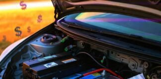 Lead-Acid vs. Lithium Car Batteries: What’s Right for You? Spilled acid dissolves "I Voted" sticker in chaotic Civic battery bay with lithium pack and Whataburger bag.