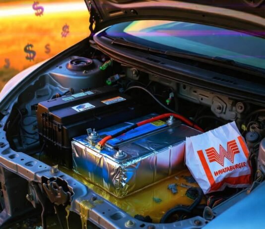 Lead-Acid vs. Lithium Car Batteries: What’s Right for You? Spilled acid dissolves "I Voted" sticker in chaotic Civic battery bay with lithium pack and Whataburger bag.