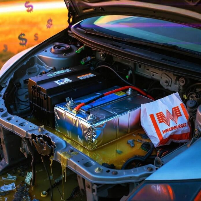 Spilled acid dissolves "I Voted" sticker in chaotic Civic battery bay with lithium pack and Whataburger bag.