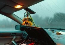 When to Replace Your Car Battery: 6 Warning Signs Wilted sunflower over spilled coffee, jumper cables in open glovebox at rainy dusk.