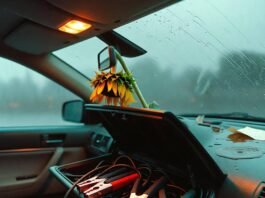 When to Replace Your Car Battery: 6 Warning Signs Wilted sunflower over spilled coffee, jumper cables in open glovebox at rainy dusk.