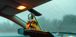 When to Replace Your Car Battery: 6 Warning Signs Wilted sunflower over spilled coffee, jumper cables in open glovebox at rainy dusk.