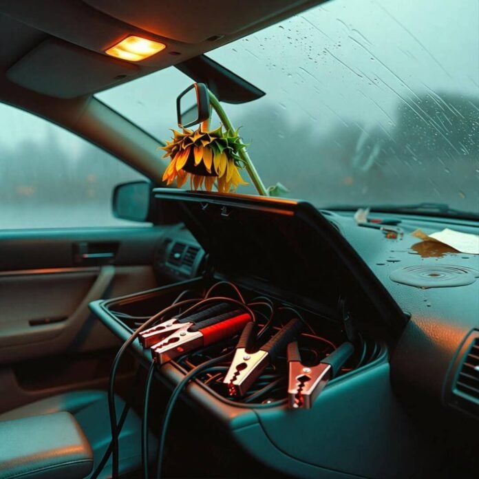 Wilted sunflower over spilled coffee, jumper cables in open glovebox at rainy dusk.