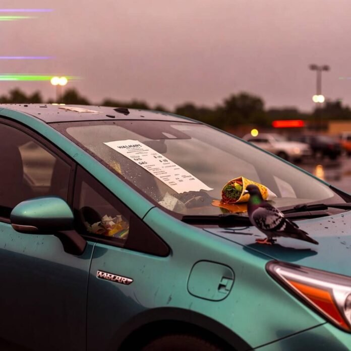 Rain-soaked Prius with burrito, soggy receipt, and confused pigeon in Walmart lot.