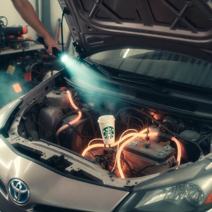 Prius hood open, glowing orange coolant lines tangle around forgotten Starbucks cup under flashlight beam.