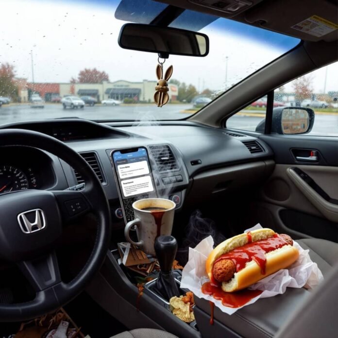 Spilled coffee, dripping chili, cracked iPhone with insurance quotes in rainy Walmart lot. Spilled coffee, dripping chili, cracked iPhone with insurance quotes in rainy Walmart lot.