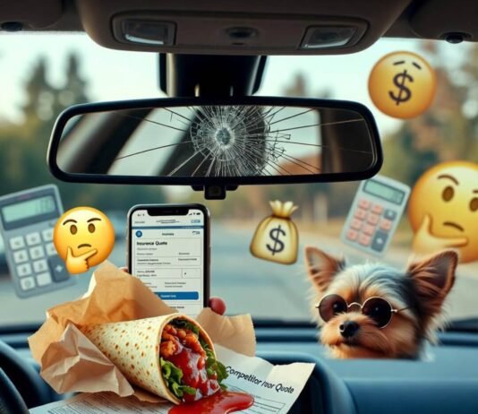 Are Car Insurance Quotes Accurate? What You Must Know Cracked mirror reflects insurance quote; burrito spills on competitor's; cool dog watches.