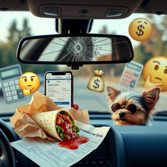 Cracked mirror reflects insurance quote; burrito spills on competitor's; cool dog watches.