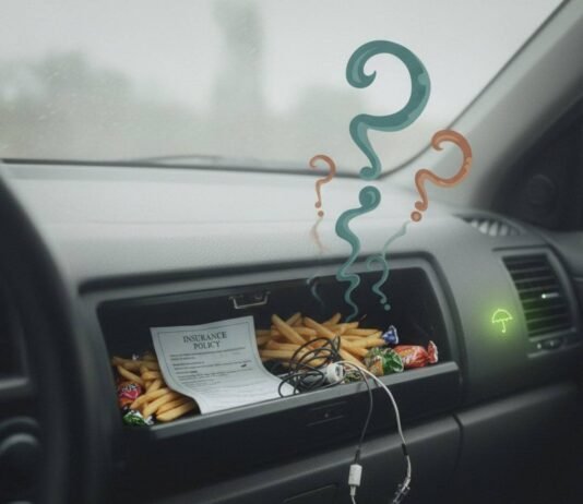 Hidden Car Insurance Coverage You Might Be Missing Crumpled insurance in messy car glovebox.