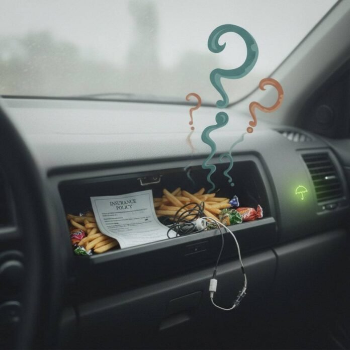 Crumpled insurance in messy car glovebox.