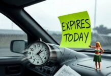 Is Short-Term Car Insurance Right for You? Cracked clock at 11:47, leaking chili dog on insurance quote, "EXPIRES TODAY" note.
