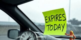 Is Short-Term Car Insurance Right for You? Cracked clock at 11:47, leaking chili dog on insurance quote, "EXPIRES TODAY" note.