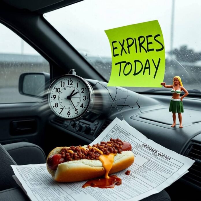 Cracked clock at 11:47, leaking chili dog on insurance quote, "EXPIRES TODAY" note.