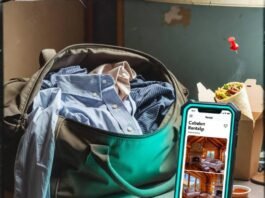 Best Short-Term Rentals for Road Trips & Business Travel Duffel bag spills shirts beside cooling burrito and cabin rental on cracked phone.