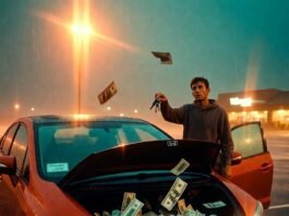 Used vs. Leased Cars: Which Saves You More? Confused guy in rainy Walmart lot holds two keys as cash spills from beat-up Civic's hood.