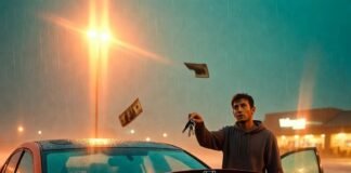 Used vs. Leased Cars: Which Saves You More? Confused guy in rainy Walmart lot holds two keys as cash spills from beat-up Civic's hood.
