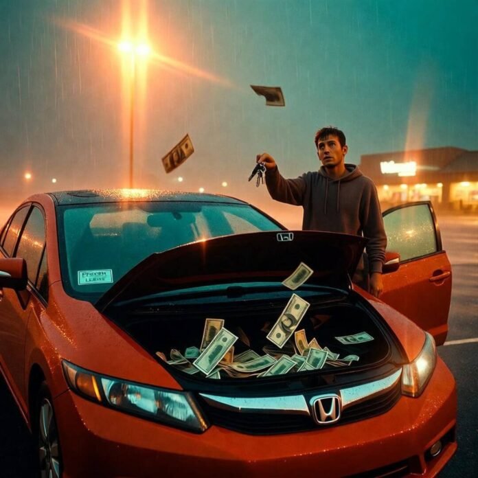Confused guy in rainy Walmart lot holds two keys as cash spills from beat-up Civic's hood.