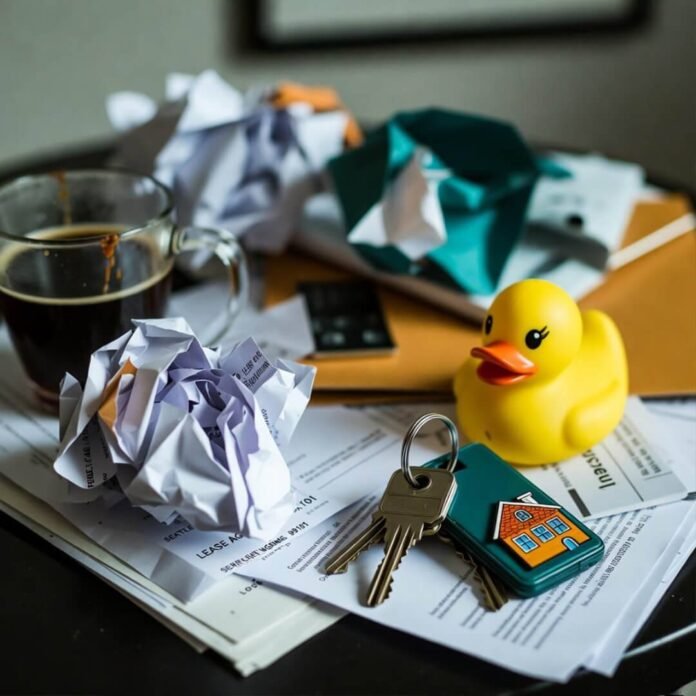 Messy Seattle coffee table with crumpled leases, spilled coffee, key, and rubber duck.