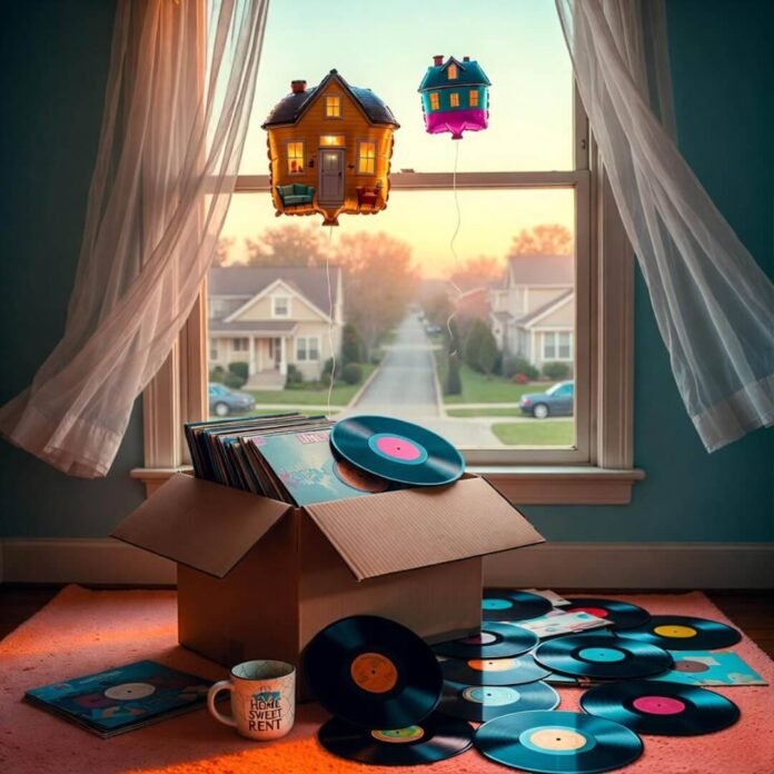 Vinyl records spill from box beside "Home Sweet Rent" mug; house balloons float out window.