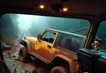 Best SUVs for Off-Road Adventures Inside a tilted muddy Jeep: Elvis bobblehead grins, jerky spills, boots dangle, neon can glows.