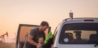 3-Row SUVs Ranked: Which One Is Best for You? Dad wrestling stroller into minivan at sunset.