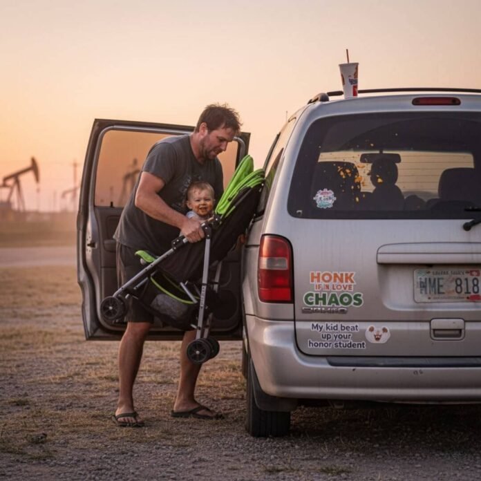Dad wrestling stroller into minivan at sunset.