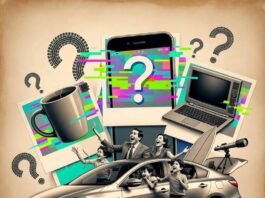 Compact Sedans That Offer Big Surprises Family bursts from car crashing through giant gadgets, adventure gear spills, glitchy Polaroid style.