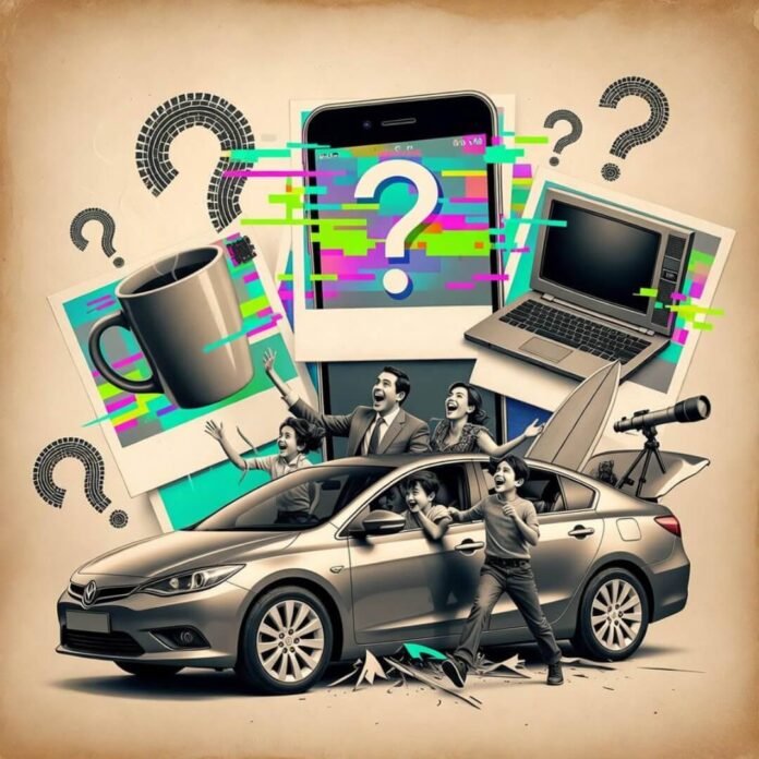 Family bursts from car crashing through giant gadgets, adventure gear spills, glitchy Polaroid style.