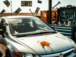 Top 7 Used Cars with the Lowest Maintenance Costs Beat-up 2008 Honda Civic with giant coffee stain, floating dollar-wrench chaos in gritty garage.