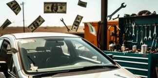 Top 7 Used Cars with the Lowest Maintenance Costs Beat-up 2008 Honda Civic with giant coffee stain, floating dollar-wrench chaos in gritty garage.