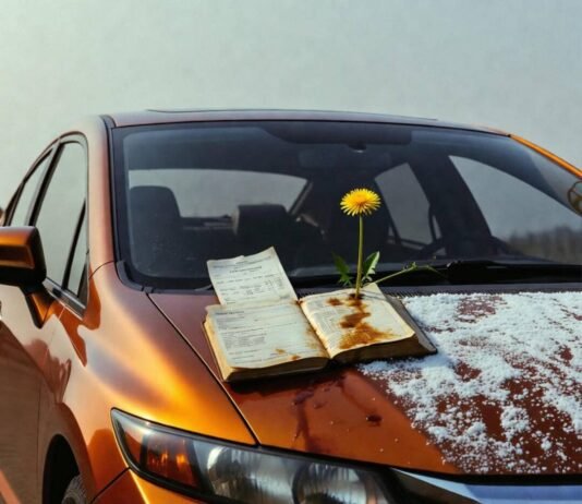 How Proper Maintenance Can Increase Your Car’s Resale Value Half-polished 2012 Honda Civic with salt-crusted hood, stained logbook, and dandelion sprouting.