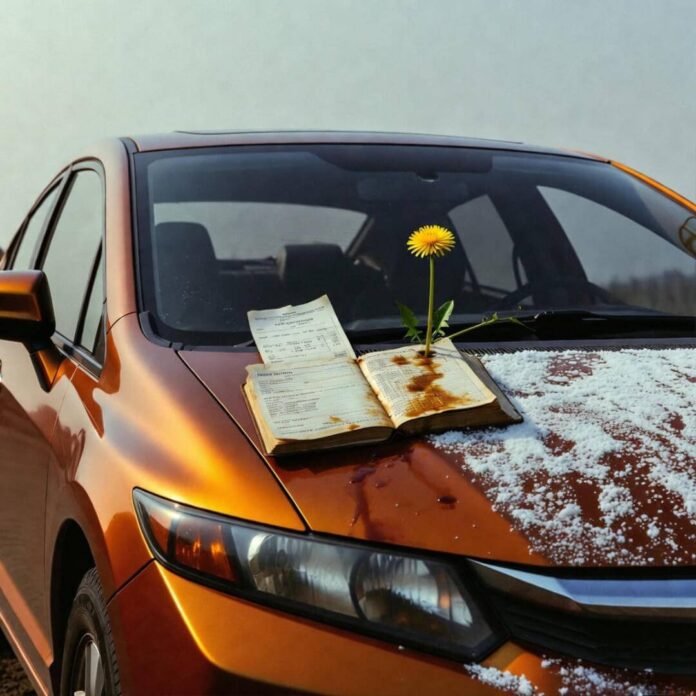 Half-polished 2012 Honda Civic with salt-crusted hood, stained logbook, and dandelion sprouting.