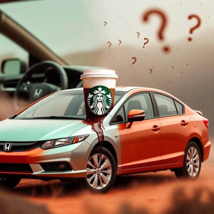 Half-clean Honda Civic with leaking Starbucks cup and floating question-mark pollen. Half-clean Honda Civic with leaking Starbucks cup and floating question-mark pollen.