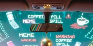 Upgrade Your Ride: The Coolest New Accessories in Auto Tech Neon-lit car dashboard with holographic meme alerts, disco ball mirror, and retro racing stripes. Vaporwave vibes.