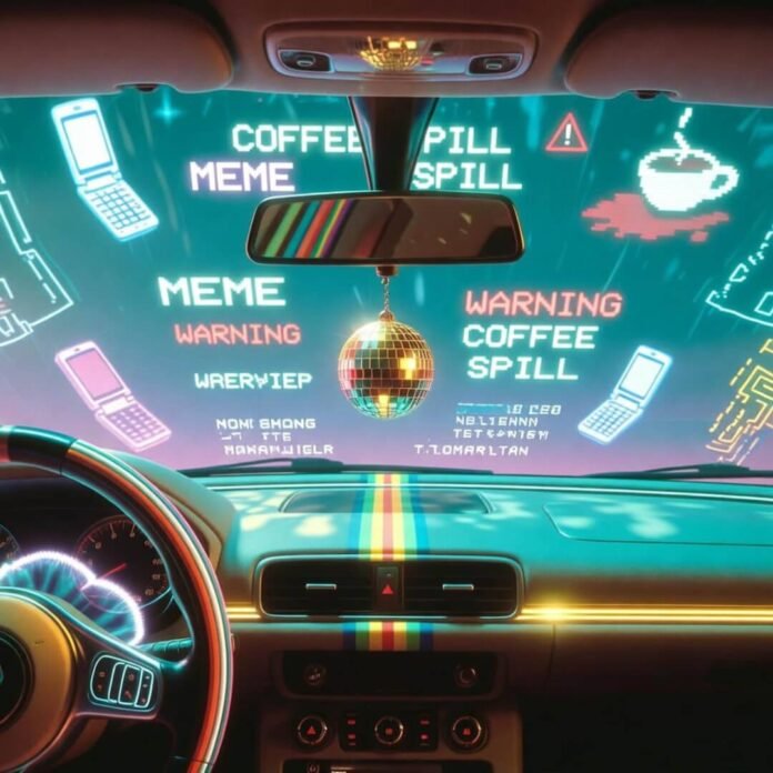 Neon-lit car dashboard with holographic meme alerts, disco ball mirror, and retro racing stripes. Vaporwave vibes.