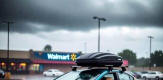 Practical vs. Aesthetic: Which Car Accessories Are Worth It? Beat-up teal-and-mustard Honda Civic with neon underglow and crooked Thule box in rainy Walmart lot.