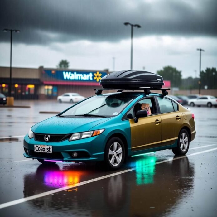 Beat-up teal-and-mustard Honda Civic with neon underglow and crooked Thule box in rainy Walmart lot.