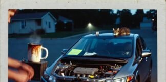 DIY Car Maintenance for Beginners: Save Time and Money Fumbling jumper cables on beat-up Honda Civic; coffee mug on battery, cat judges, Polaroid vibe.