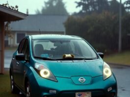 Top 5 Affordable Electric Cars You Can Buy Right Now Rain-soaked teal Nissan Leaf with glowing headlights, burrito on dash, "I Voted" sticker.
