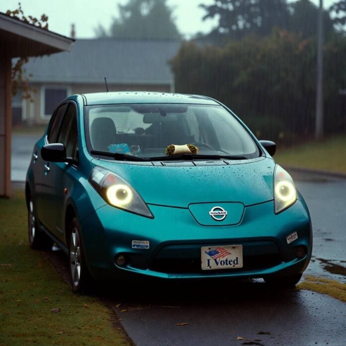 Rain-soaked teal Nissan Leaf with glowing headlights, burrito on dash, "I Voted" sticker.