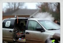 Is Professional Car Detailing Worth It? Pros & Cons Explained Muddy minivan on soggy lawn, open door reveals chaos, detailer scrubs wheel, steam rises.