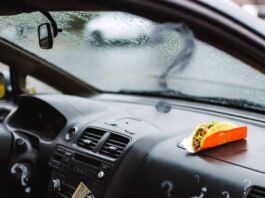 Best Coverage for First-Time Car Owners Rainy car interior with taco wrapper, insurance card, and smoky question marks.