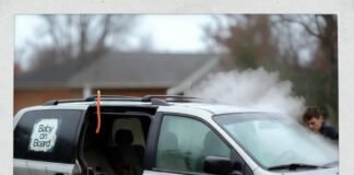 Is Professional Car Detailing Worth It? Pros & Cons Explained Muddy minivan on soggy lawn, open door reveals chaos, detailer scrubs wheel, steam rises.