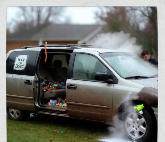 Is Professional Car Detailing Worth It? Pros & Cons Explained Muddy minivan on soggy lawn, open door reveals chaos, detailer scrubs wheel, steam rises.