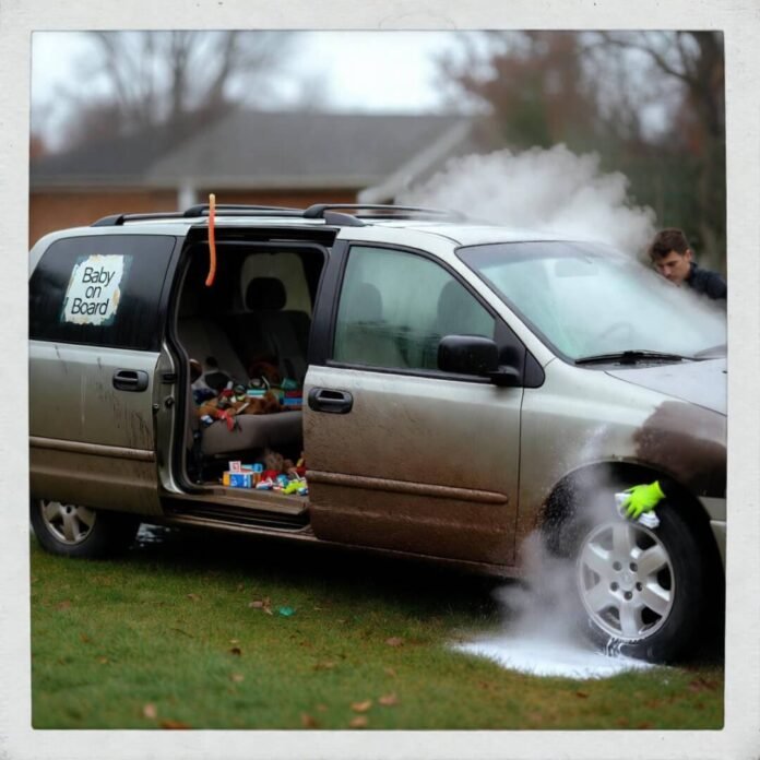 Muddy minivan on soggy lawn, open door reveals chaos, detailer scrubs wheel, steam rises.