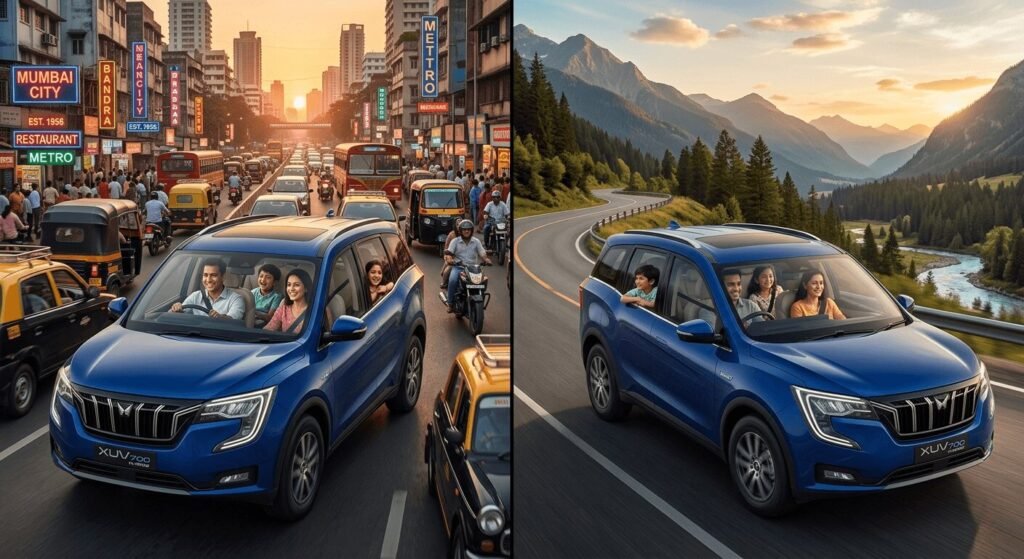 Blue SUV with glowing wheels on open highway road.
