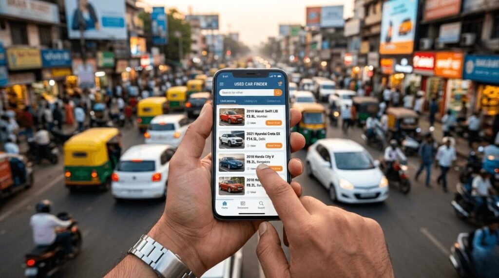 Man using smartphone "USED CAR FINDER" app in traffic.